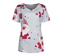 HKUOPW Nurses Christmas Scrubs for Women Uniform Healthcare Santa Printed Scrubs Tops Hospital Working Uniforms Doctors Short Sleeve Snowman Nurse Workwear with Pockets White