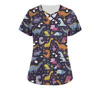 HKUOPW Winter Short Sleeve Tops Women Vacation Oversized Scrub Cozy Pocket V Neck Cute Thin Cosy Dinosaur Tops Ladys