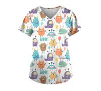 HKUOPW Women's Scrubs Tops Cute Animal Print T Shirt Casual Short Sleeve V Neck Pockets Medical Healthcare Uniform Shirts Top