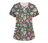 HKUOPW Women's Scrubs Tops Summer Casual Cross V-Neck Short Sleeve Plus Size Cute Animal Print T-Shirt Workwear Blouse Shirt Top with Pockets