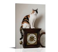 HKXXMTQMM A Calico Cat Squats on Top of An Old Grandfather Clock, Tail Draped over The Pendulum, Hands Pointing to Midnight Contemporary Hanging Wall Art - Decorative Mural Design20x30inch(50x75cm)