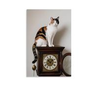 HKXXMTQMM A Calico Cat Squats on Top of An Old Grandfather Clock, Tail Draped over The Pendulum, Hands Pointing to Midnight Contemporary Hanging Wall Art - Decorative Mural Design24x36inch(60x90cm)