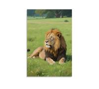 HKXXMTQMM A Lion Lies on The Grassland, Scanning Around Contemporary Hanging Wall Art - Decorative Mural Design20x30inch(50x75cm)