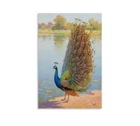 HKXXMTQMM A Peacock Spreads Its Tail, Facing The Lake Contemporary Hanging Wall Art - Decorative Mural Design08x12inch(20x30cm)