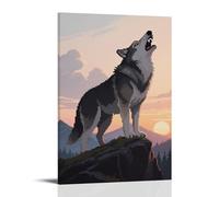 HKXXMTQMM A Wolf Standing on The Mountain Top Howling, Body Leaning Forward Contemporary Hanging Wall Art - Decorative Mural Design16x24inch(40x60cm)
