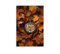 HKXXMTQMM An Antique Pocket Watch Half-buried in Autumn Leaves, Times Passage Rendered in Rich, Layered Oils. Contemporary Hanging Wall Art - Decorative Mural Design24x36inch(60x90cm)