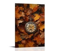 HKXXMTQMM An Antique Pocket Watch Half-buried in Autumn Leaves, Times Passage Rendered in Rich, Layered Oils. Contemporary Hanging Wall Art - Decorative Mural Design24x36inch(60x90cm)