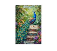 HKXXMTQMM Animal Oil Painting - Colorful Peacock Displaying Vibrant Feathers in Lush Garden Setting Contemporary Hanging Wall Art - Decorative Mural Design08x12inch(20x30cm)