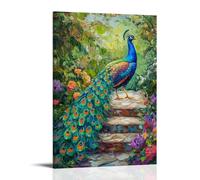 HKXXMTQMM Animal Oil Painting - Colorful Peacock Displaying Vibrant Feathers in Lush Garden Setting Contemporary Hanging Wall Art - Decorative Mural Design08x12inch(20x30cm)