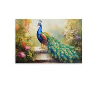 HKXXMTQMM Animal Oil Painting - Colorful Peacock Displaying Vibrant Feathers in Royal Garden Setting Contemporary Hanging Wall Art - Decorative Mural Design12x18inch(30x45cm)