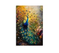 HKXXMTQMM Animal Oil Painting- Colorful Peacock Displaying Vibrant Feathers in Sunlit Garden Contemporary Hanging Wall Art - Decorative Mural Design20x30inch(50x75cm)