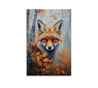 HKXXMTQMM Animal Oil Painting - Curious Red Fox Peeking Through Autumn Foliage in Misty Forest Contemporary Hanging Wall Art - Decorative Mural Design20x30inch(50x75cm)