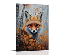 HKXXMTQMM Animal Oil Painting - Curious Red Fox Peeking Through Autumn Foliage in Misty Forest Contemporary Hanging Wall Art - Decorative Mural Design20x30inch(50x75cm)