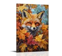 HKXXMTQMM Animal Oil Painting - Curious Red Fox Peeking Through Autumn Leaves, Fiery Coat Blending with Fall Colors Contemporary Hanging Wall Art - Decorative Mural Design08x12inch(20x30cm)