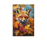 HKXXMTQMM Animal Oil Painting - Curious Red Fox Peeking Through Autumn Leaves, Fiery Coat Blending with Fall Colors Contemporary Hanging Wall Art - Decorative Mural Design08x12inch(20x30cm)