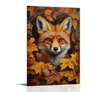 HKXXMTQMM Animal Oil Painting - Curious Red Fox Peering through Autumn Foliage with Rich Textures of Fur And Fallen Leaves Contemporary Hanging Wall Art - Decorative Mural Design08x12inch(20x30cm)