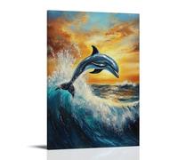 HKXXMTQMM Animal Oil Painting - Graceful Dolphin Leaping Through Turquoise Waves at Sunset Contemporary Hanging Wall Art - Decorative Mural Design20x30inch(50x75cm)
