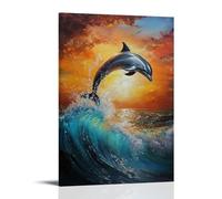 HKXXMTQMM Animal Oil Painting - Graceful Dolphin Leaping Through Turquoise Waves at Sunset Contemporary Hanging Wall Art - Decorative Mural Design24x36inch(60x90cm)