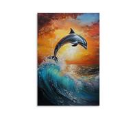 HKXXMTQMM Animal Oil Painting - Graceful Dolphin Leaping Through Turquoise Waves at Sunset Contemporary Hanging Wall Art - Decorative Mural Design12x18inch(30x45cm)