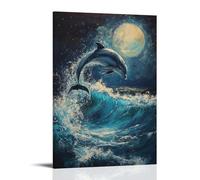 HKXXMTQMM Animal Oil Painting - Graceful Dolphin Leaping Through Turquoise Waves in Moonlight Seascape Contemporary Hanging Wall Art - Decorative Mural Design24x36inch(60x90cm)
