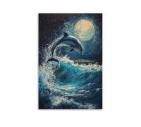 HKXXMTQMM Animal Oil Painting - Graceful Dolphin Leaping Through Turquoise Waves in Moonlight Seascape Contemporary Hanging Wall Art - Decorative Mural Design24x36inch(60x90cm)