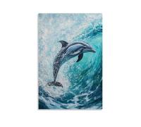 HKXXMTQMM Animal Oil Painting - Graceful Dolphin Leaping Through Turquoise Waves in Playful Motion Contemporary Hanging Wall Art - Decorative Mural Design08x12inch(20x30cm)