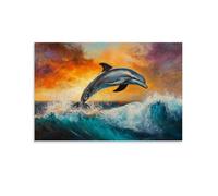 HKXXMTQMM Animal Oil Painting - Graceful Dolphin Leaping Through Turquoise Waves in Sunset Glow Contemporary Hanging Wall Art - Decorative Mural Design20x30inch(50x75cm)