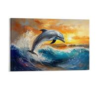 HKXXMTQMM Animal Oil Painting - Graceful Dolphin Leaping Through Turquoise Waves in Sunset Glow Contemporary Hanging Wall Art - Decorative Mural Design24x36inch(60x90cm)