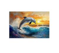 HKXXMTQMM Animal Oil Painting - Graceful Dolphin Leaping Through Turquoise Waves in Sunset Glow Contemporary Hanging Wall Art - Decorative Mural Design12x18inch(30x45cm)
