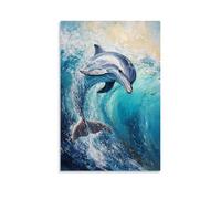HKXXMTQMM Animal Oil Painting - Graceful Dolphin Leaping Through Turquoise Waves with Sunlight Glinting on Wet Skin Contemporary Hanging Wall Art - Decorative Mural Design12x18inch(30x45cm)