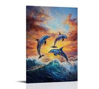 HKXXMTQMM Animal Oil Painting - Graceful Dolphins at Sunset- Playful Marine Life Dancing Through Waves in Warm Ocean Hues Contemporary Hanging Wall Art - Decorative Mural Design24x36inch(60x90cm)