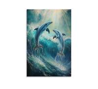 HKXXMTQMM Animal Oil Painting - Graceful Dolphins Dancing in Turquoise Waves- A Playful Marine Ballet Under Sunbeams Contemporary Hanging Wall Art - Decorative Mural Design08x12inch(20x30cm)