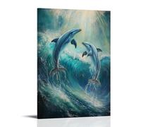 HKXXMTQMM Animal Oil Painting - Graceful Dolphins Dancing in Turquoise Waves- A Playful Marine Ballet Under Sunbeams Contemporary Hanging Wall Art - Decorative Mural Design12x18inch(30x45cm)