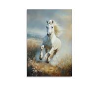HKXXMTQMM Animal Oil Painting - Graceful White Stallion Galloping Across A Misty Meadow at Dawn Contemporary Hanging Wall Art - Decorative Mural Design20x30inch(50x75cm)