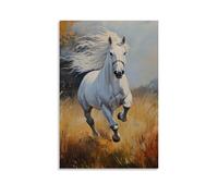 HKXXMTQMM Animal Oil Painting - Graceful White Stallion Galloping Through Misty Morning Meadow Contemporary Hanging Wall Art - Decorative Mural Design12x18inch(30x45cm)