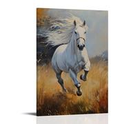 HKXXMTQMM Animal Oil Painting - Graceful White Stallion Galloping Through Misty Morning Meadow Contemporary Hanging Wall Art - Decorative Mural Design08x12inch(20x30cm)