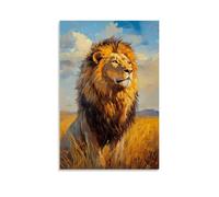 HKXXMTQMM Animal Oil Painting - Majestic Lion in Golden Savannah- A Regal Portrait of The King of Beasts with Sunlit Mane Contemporary Hanging Wall Art - Decorative Mural Design12x18inch(30x45cm)