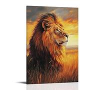 HKXXMTQMM Animal Oil Painting- Majestic Lion in Golden Savannah - A Regal Portrait of The King of Beasts Contemporary Hanging Wall Art - Decorative Mural Design20x30inch(50x75cm)