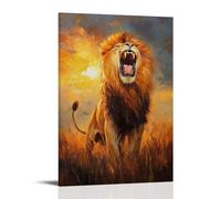 HKXXMTQMM Animal Oil Painting - Majestic Lion in Golden Savannah Light, Roaring with Power And Grace Under The Setting Sun Contemporary Hanging Wall Art - Decorative Mural Design24x36inch(60x90cm)