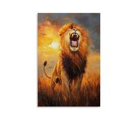 HKXXMTQMM Animal Oil Painting - Majestic Lion in Golden Savannah Light, Roaring with Power And Grace Under The Setting Sun Contemporary Hanging Wall Art - Decorative Mural Design24x36inch(60x90cm)