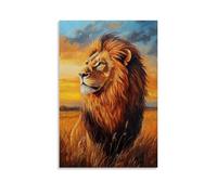 HKXXMTQMM Animal Oil Painting - Majestic Lion King in Golden Savannah Sunset with Detailed Mane And Proud Gaze Contemporary Hanging Wall Art - Decorative Mural Design16x24inch(40x60cm)