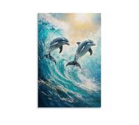 HKXXMTQMM Animal Oil Painting - Playful Dolphins Dancing in Turquoise Ocean Waves with Sunlight Reflections Contemporary Hanging Wall Art - Decorative Mural Design08x12inch(20x30cm)