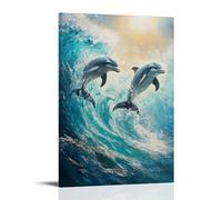 HKXXMTQMM Animal Oil Painting - Playful Dolphins Dancing in Turquoise Ocean Waves with Sunlight Reflections Contemporary Hanging Wall Art - Decorative Mural Design16x24inch(40x60cm)
