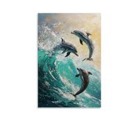 HKXXMTQMM Animal Oil Painting - Playful Dolphins Dancing through Turquoise Ocean Waves Under Sparkling Sunlight Reflections Contemporary Hanging Wall Art - Decorative Mural Design08x12inch(20x30cm)