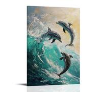 HKXXMTQMM Animal Oil Painting - Playful Dolphins Dancing through Turquoise Ocean Waves Under Sparkling Sunlight Reflections Contemporary Hanging Wall Art - Decorative Mural Design20x30inch(50x75cm)
