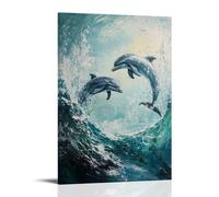 HKXXMTQMM Animal Oil Painting - Playful Dolphins Dancing through Turquoise Ocean Waves Under Sparkling Sunlight Contemporary Hanging Wall Art - Decorative Mural Design20x30inch(50x75cm)
