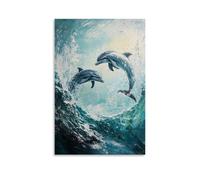 HKXXMTQMM Animal Oil Painting - Playful Dolphins Dancing through Turquoise Ocean Waves Under Sparkling Sunlight Contemporary Hanging Wall Art - Decorative Mural Design16x24inch(40x60cm)
