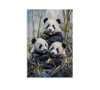 HKXXMTQMM Animal Oil Painting - Playful Panda Cubs Among Bamboo Forest in Soft Morning Light Contemporary Hanging Wall Art - Decorative Mural Design16x24inch(40x60cm)