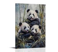 HKXXMTQMM Animal Oil Painting - Playful Panda Cubs Among Bamboo Forest in Soft Morning Light Contemporary Hanging Wall Art - Decorative Mural Design24x36inch(60x90cm)