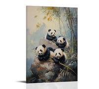HKXXMTQMM Animal Oil Painting - Playful Panda Cubs Tumbling Among Bamboo in Misty Mountain Forest Contemporary Hanging Wall Art - Decorative Mural Design24x36inch(60x90cm)